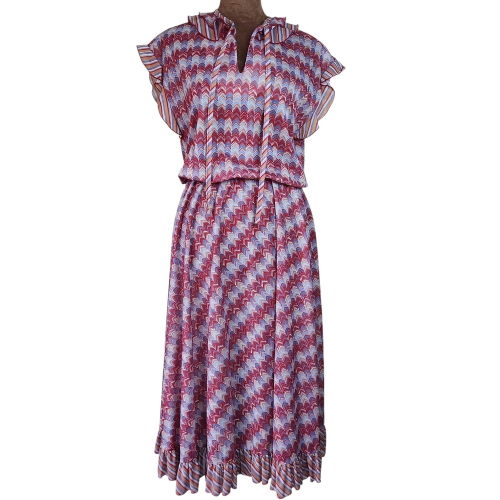 Vintage Strait Line Dress Rockabilly Chevron‎ Striped Multicolor Sheer Ruffle